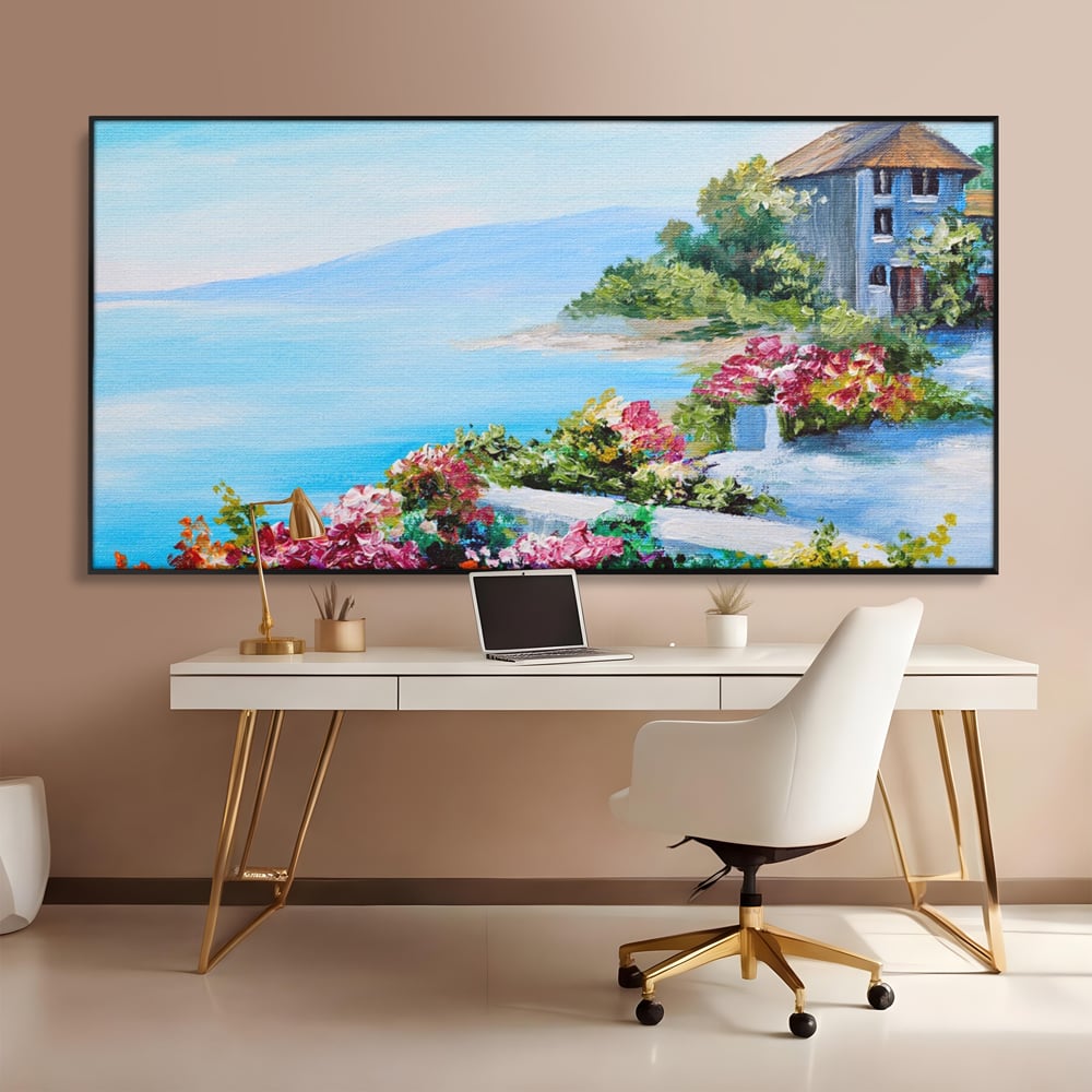 Tablou canvas cu tablou pictura cu flori si mare, in rama de aluminiu negru, pe perete intr-un birou
